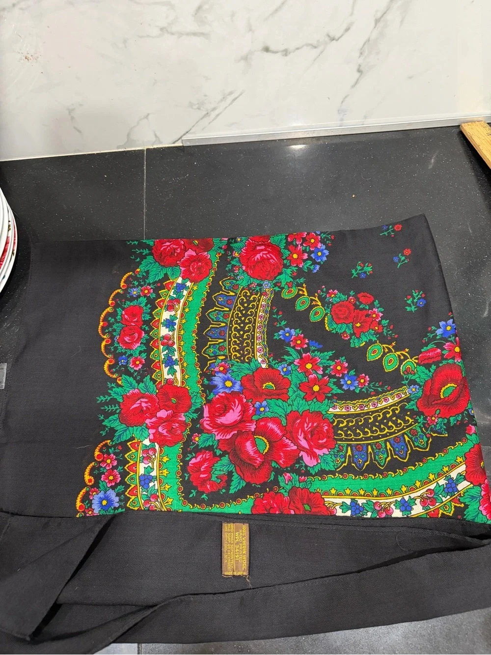Japanese wool vintage Vibrant Floral Black Scarf with Red & Green Accents
